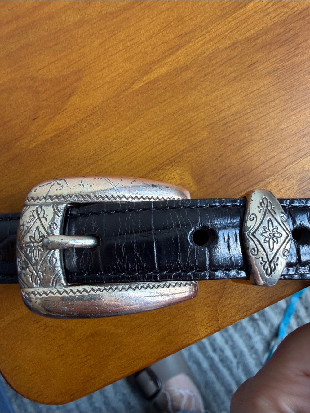 90s Brighton Black Leather Woven and Crocodile Belt - Skinny, Size L - Picture 3 of 16
